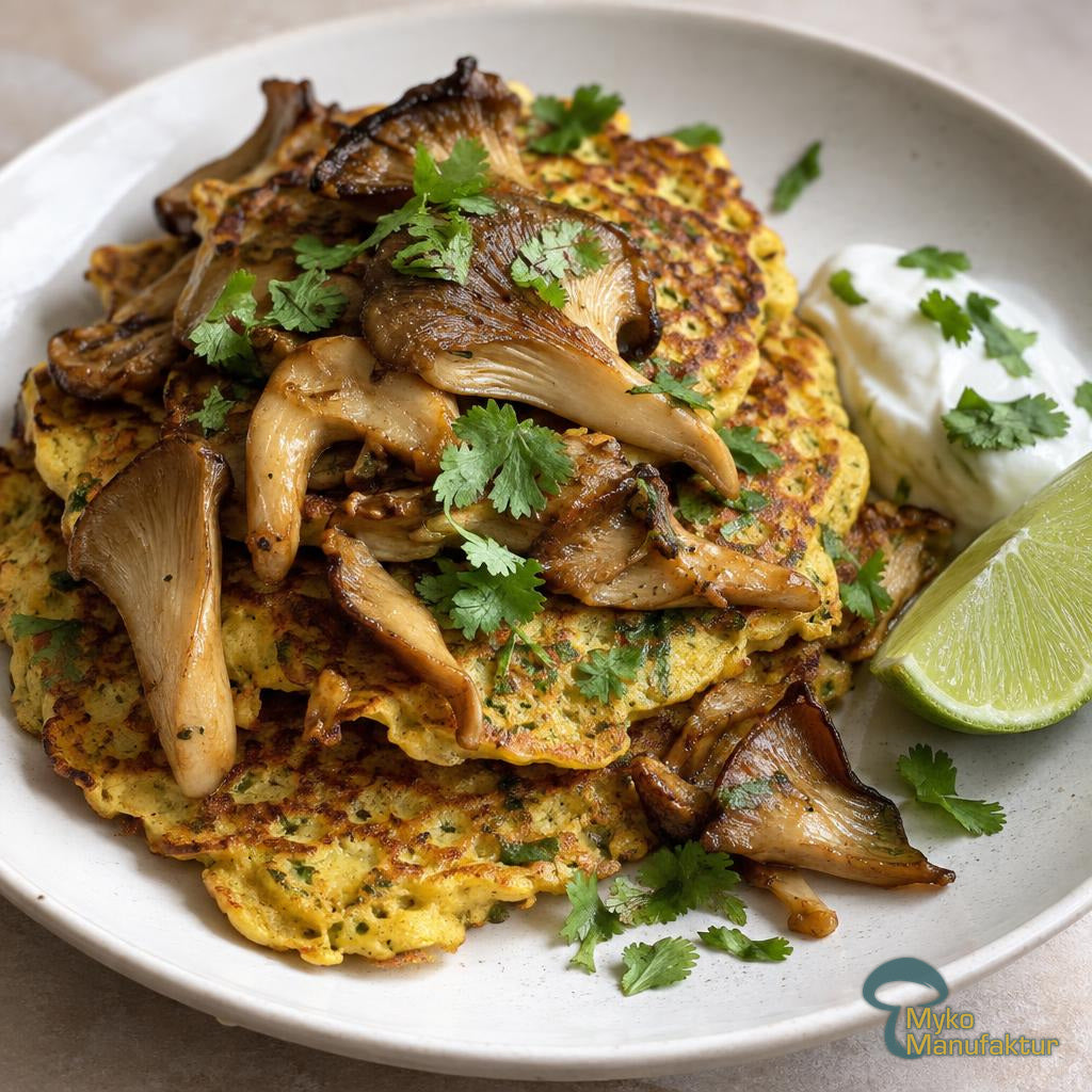 Kokos‑Curry Pfannkuchen mit knusprigen Austernseitlingen, Joghurt und Koriander auf weißem Teller