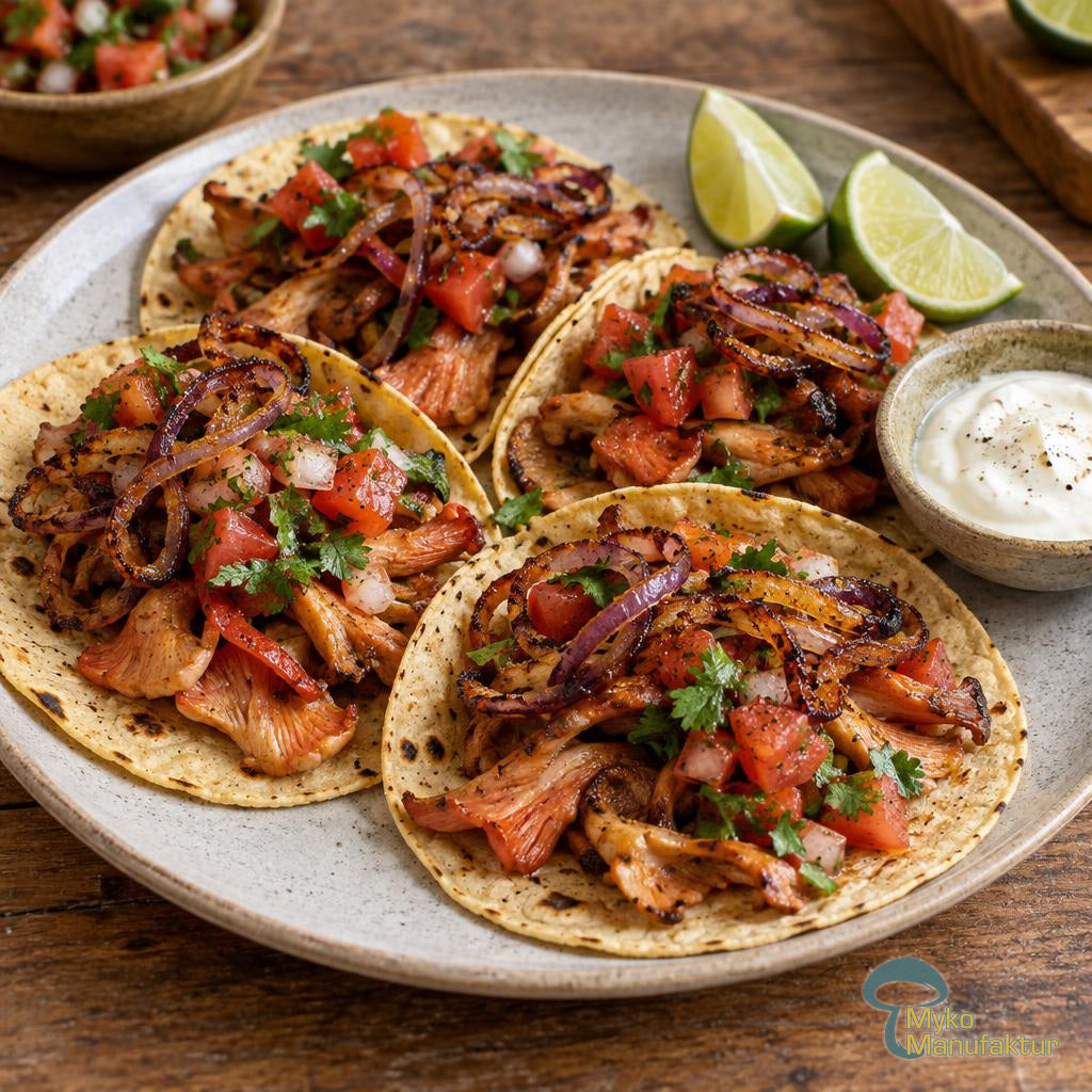 Vier Tacos gefüllt mit kurz gebratenen Rosenseitlingen (goldbraune Ränder), Tomaten‑Limetten‑Koriander‑Salsa und knusprigen Zwiebeln auf einem Teller.