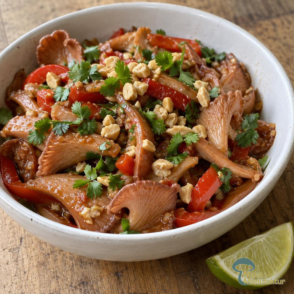 Schüssel mit Rosenseitling‑Wok, Paprika, Limetten‑Erdnuss‑Sauce, Koriander und gehackten Erdnüssen