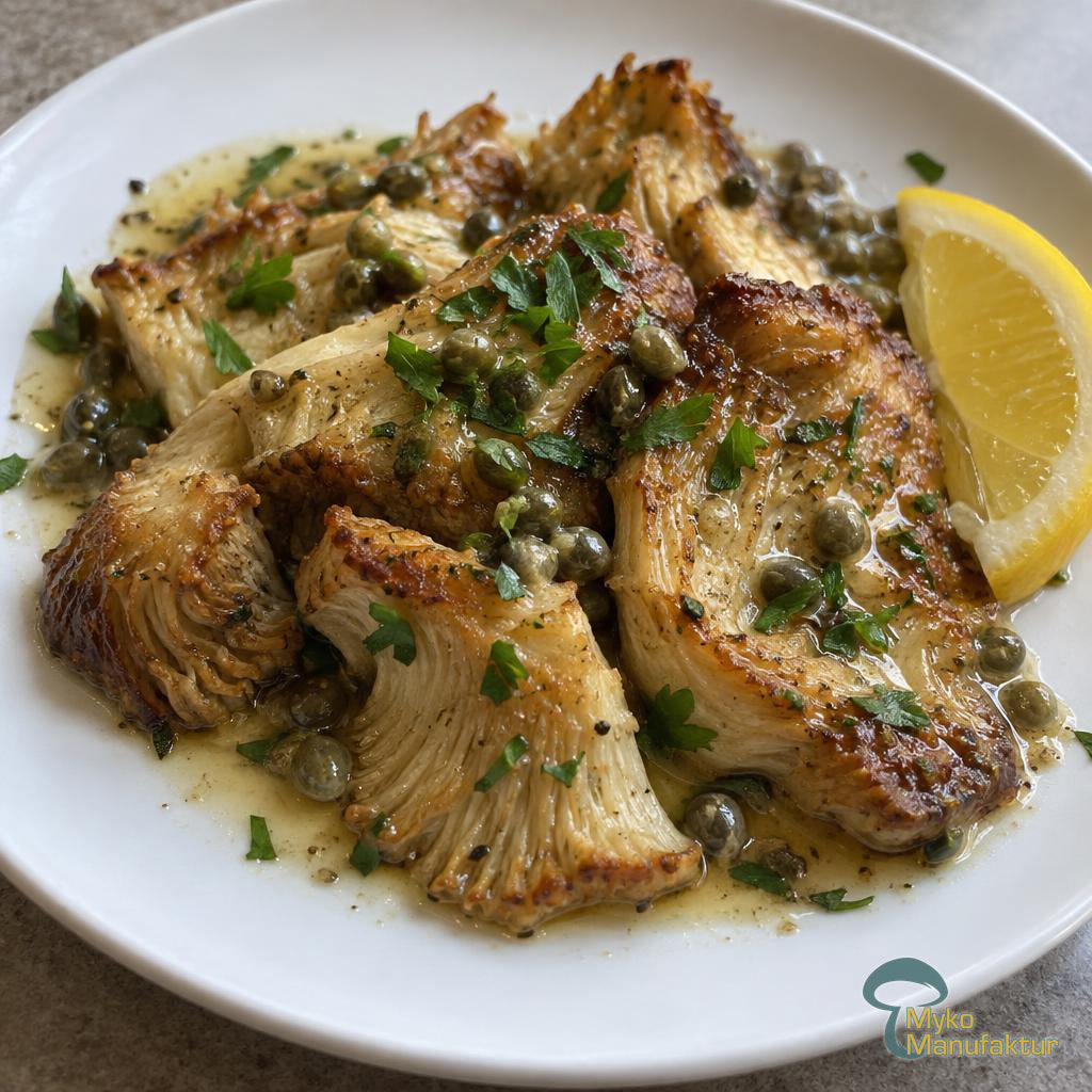 Igelstachelbart-Piccata mit Zitronen‑Kapern‑Sauce auf weißem Teller, garniert mit Petersilie