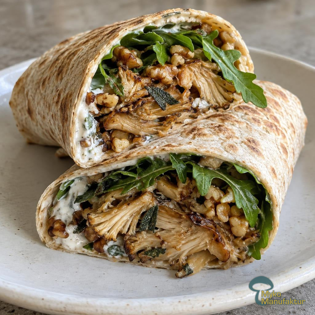 Halbierter Wrap mit gebratenem Igelstachelbart, Walnüssen, Salbei, Joghurt und Rucola auf einem Teller
