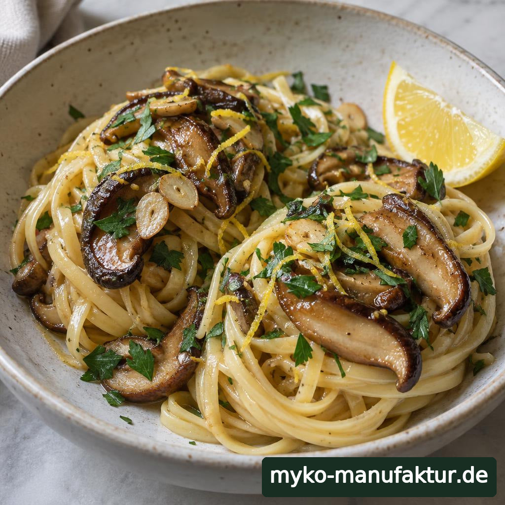 Linguine mit gebräunten Shiitake, Zitronenzeste und Petersilie in einer Schale