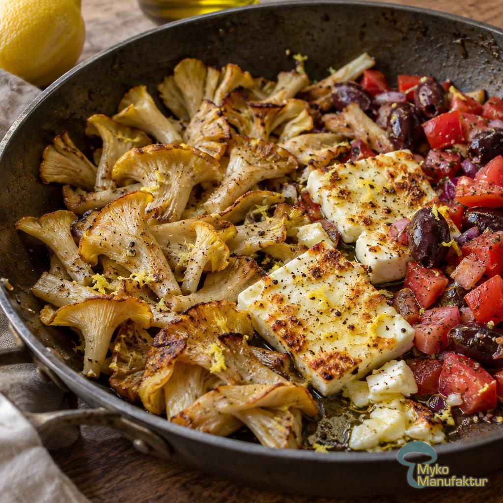 Pfanne mit gebratenen Zitronenseitlingen, gebräuntem Feta und Tomaten‑Oliven‑Salsa