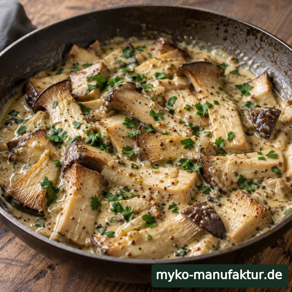 Pfanne mit gebratenen Kräuterseitlingen in cremiger Senf-Sahne, bestreut mit Petersilie