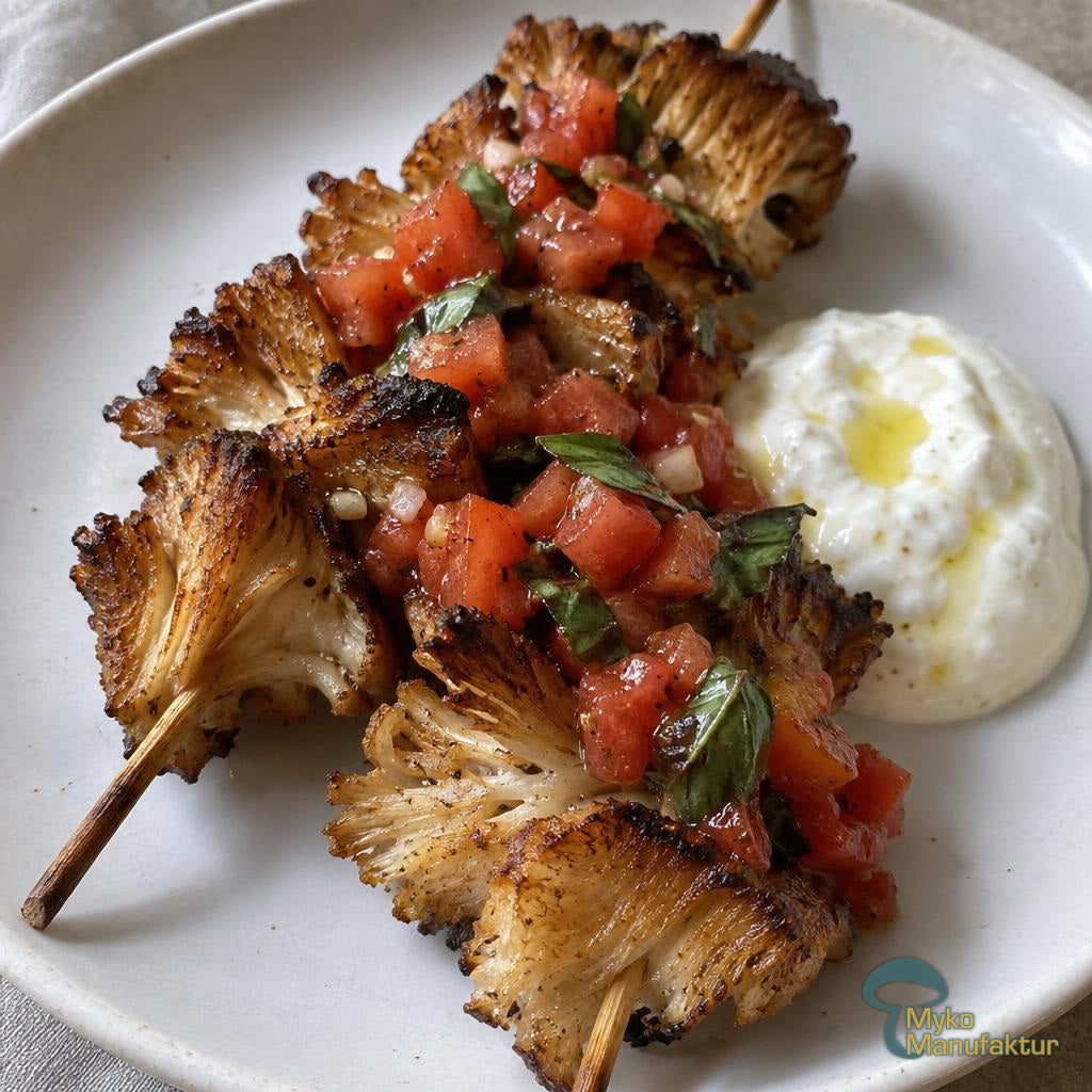 Gegarte Igelstachelbart‑Spieße mit Tomate‑Basilikum‑Salsa und Zitronen‑Joghurt auf weißem Teller
