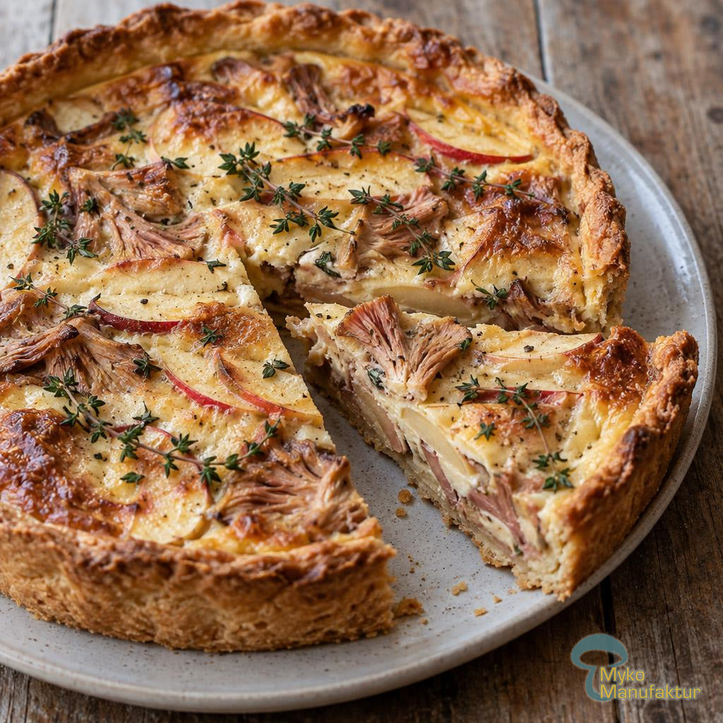Quiche mit Rosenseitlingen, Apfelscheiben und Thymian, eine Scheibe leicht herausgezogen