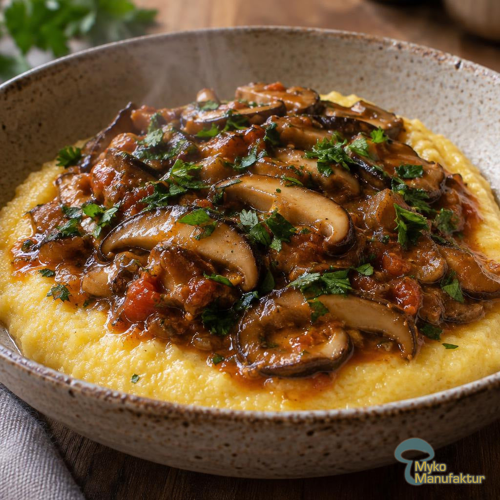 Schale mit cremiger Polenta und Shiitake‑Ragout, garniert mit Petersilie
