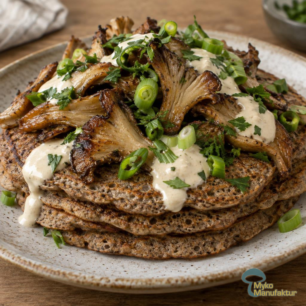 Buchweizenpfannkuchen mit gebratenen Austernseitlingen, Tahini‑Joghurt und Frühlingszwiebeln