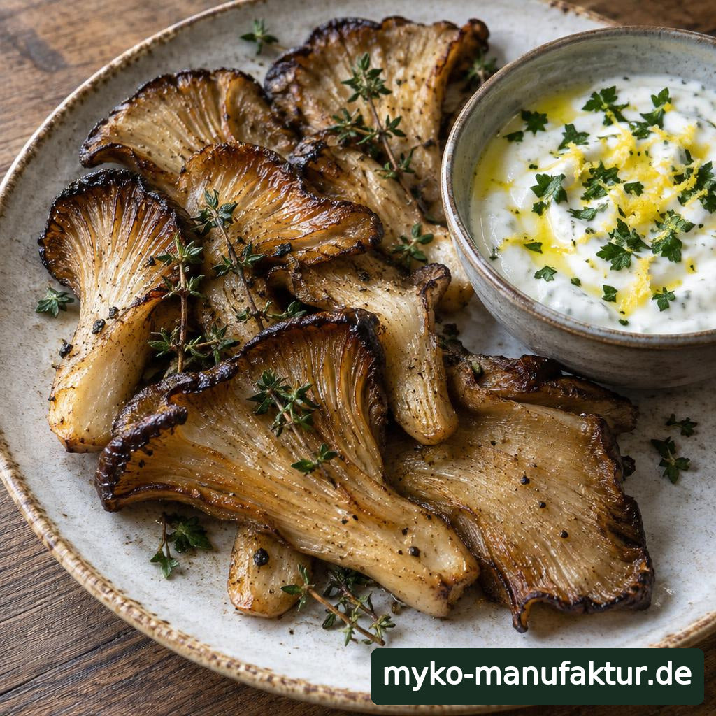Ofen-geröstete Austernseitlinge mit Zitronenjoghurt in einer flachen Schale, mit Petersilie bestreut