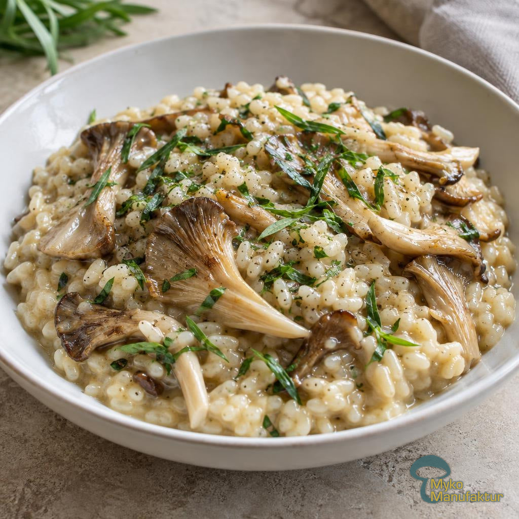Cremiges Risotto mit Austernseitlingen und frischem Estragon in einer weißen Schale