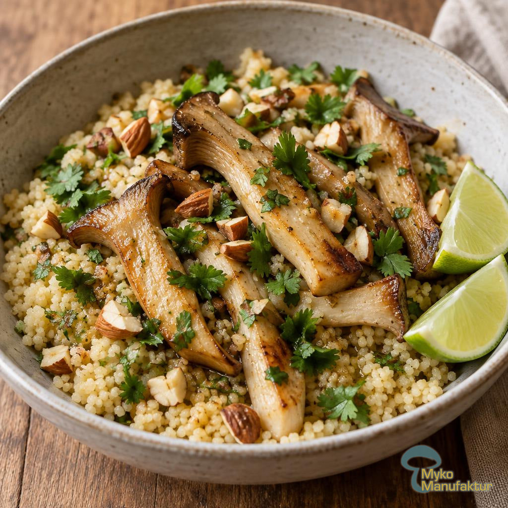 Couscous mit gebratenen Zitronenseitlingen, gerösteten Mandeln und Limetten