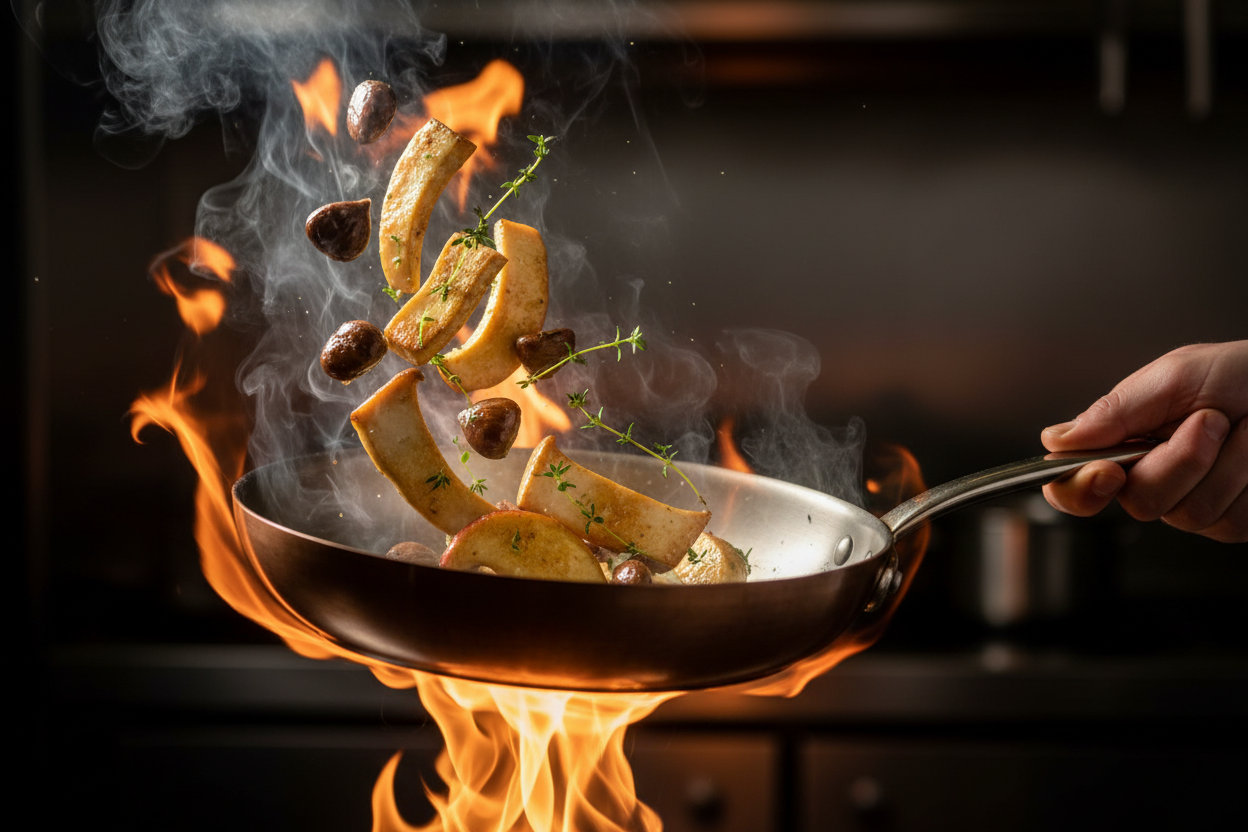 Gebratene Kräuterseitlinge mit Maronen, Apfel und Thymian