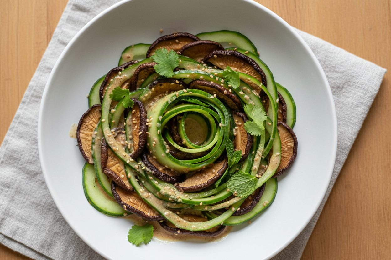 Frischer Shiitake-Gurkensalat mit Sesam-Dressing