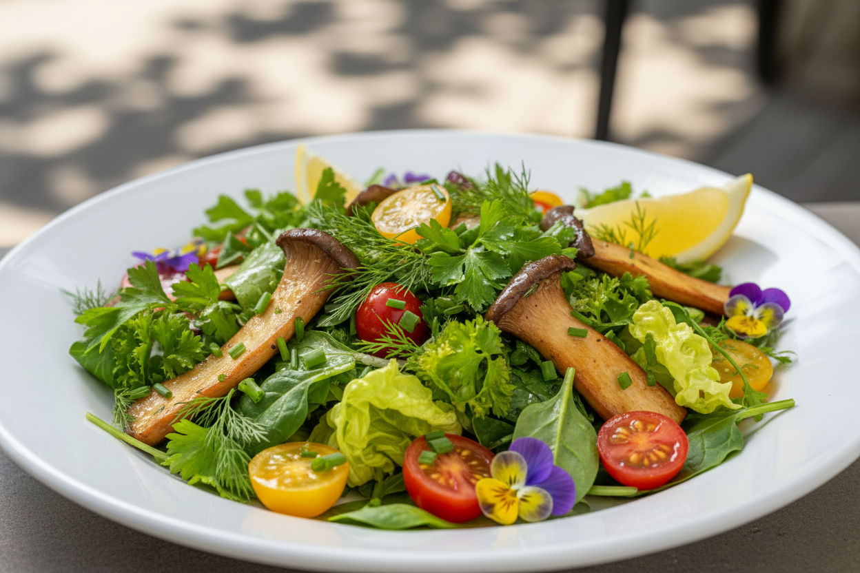 Sommerlicher Pilzsalat mit Zitronenseitlingen und frischen Kräutern