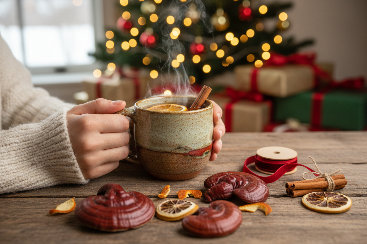Weihnachtlicher Reishi-Tee mit Orange, Zimt & Gewürzen
