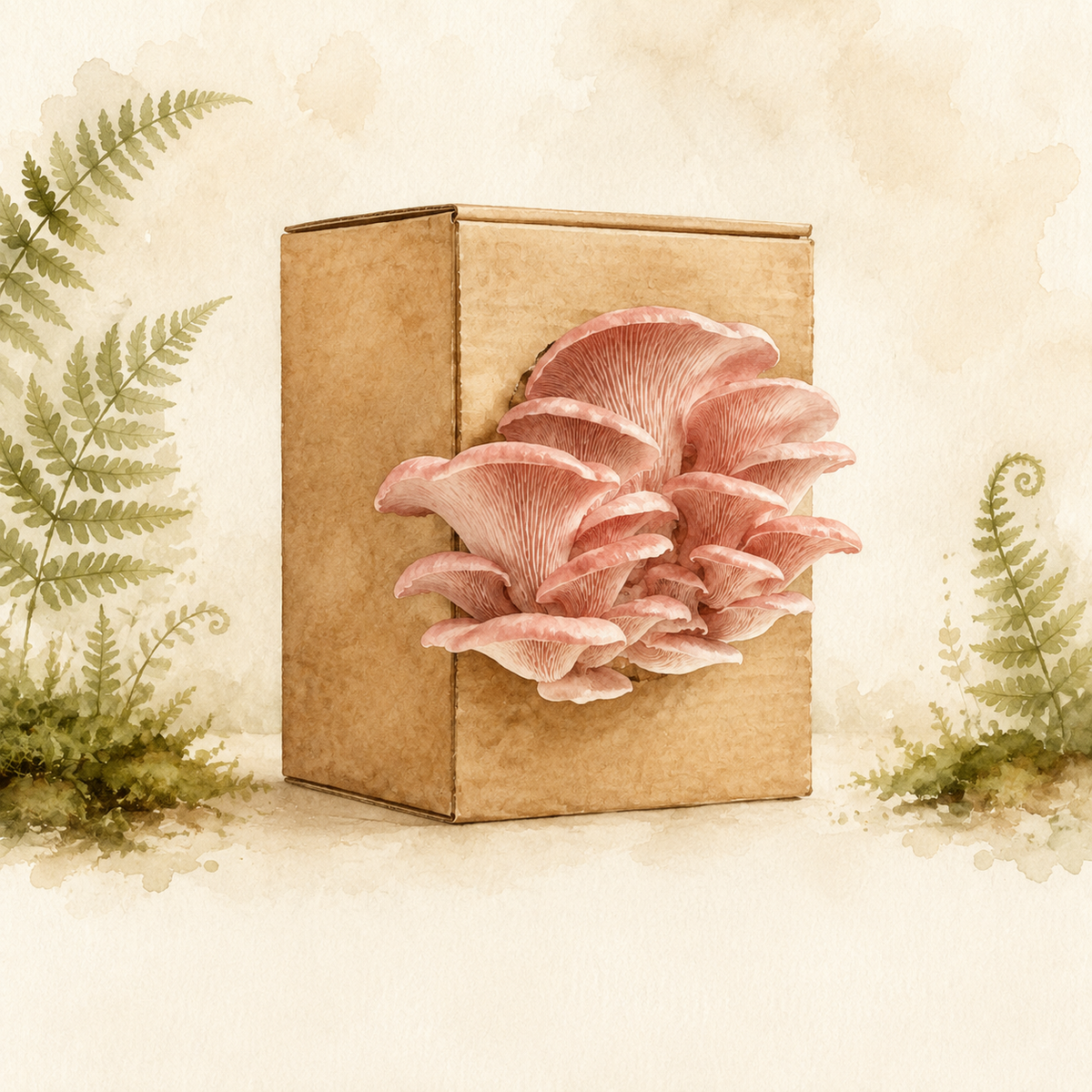 Aquarellillustration eines Pilzzuchtsets mit rosa Austernpilzen