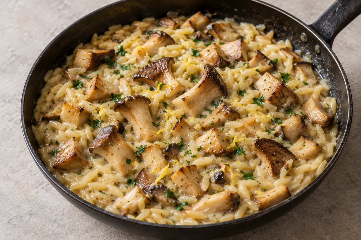 Cremige Orzo-Pfanne mit Kräuterseitlingen und Zitronenabrieb.